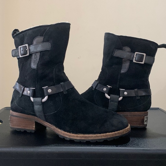 UGG Endell Black Suede Leather Shearling Moto Boot - Picture 1 of 7